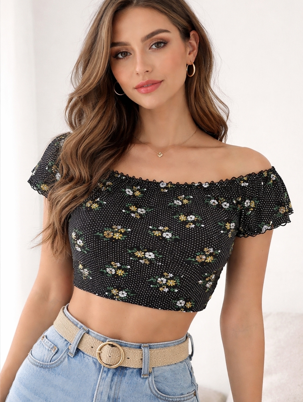 Black Floral Knit Crop Top Elastic Neck By Heartbreak 10 Country Festival Boho